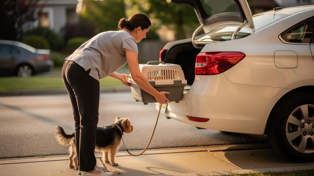 Žena stavlja transporter za ljubimca u gepek automobila dok mali pas stoji na povocu